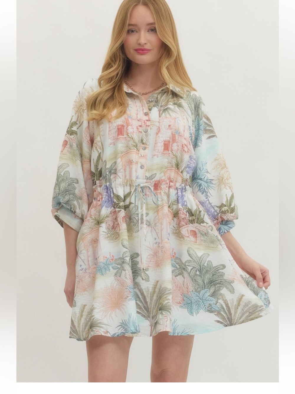 New Pastel Tropical Floral Leaf Pattern Button-Front Bow Puff Sleeve Dress